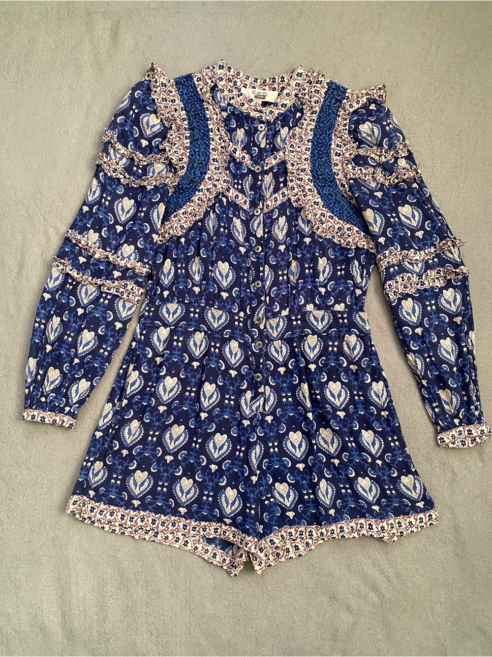 SEA NEW YORK Rosita Border Romper Boho Floral Blue multicolor Playsuit Sz 2 READ